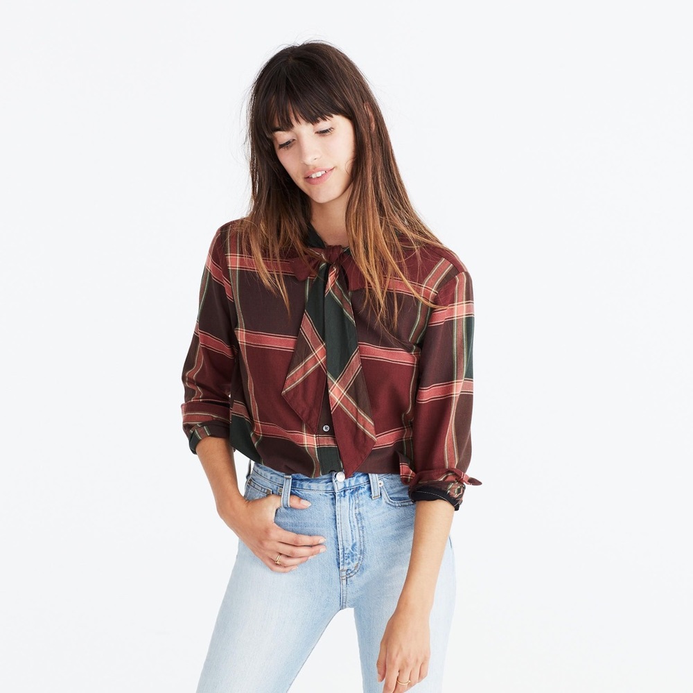 Madewell plaid tie neck shirt